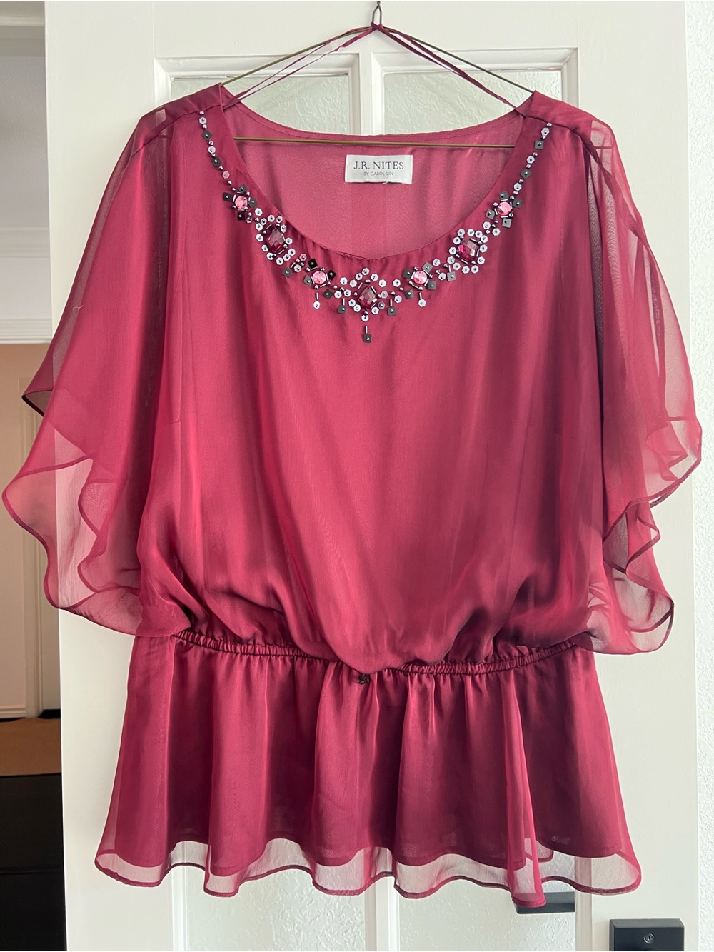 Y2K Style Women's Embellished Chiffon Blouse - Wine Color